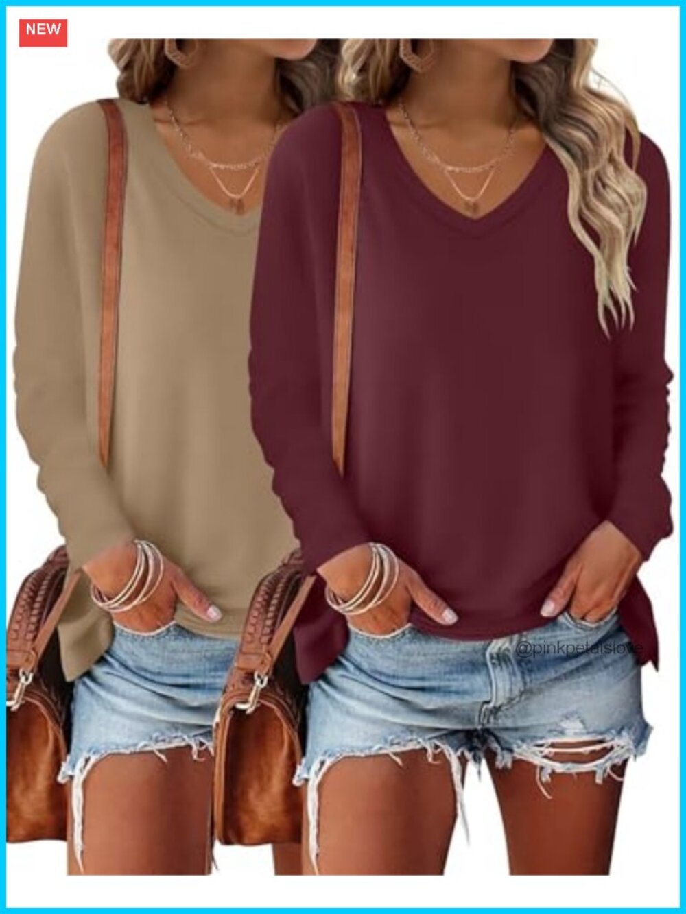 2 Pack Womens Long Sleeve V Neck T Shirts Loose Fit Casual Tops